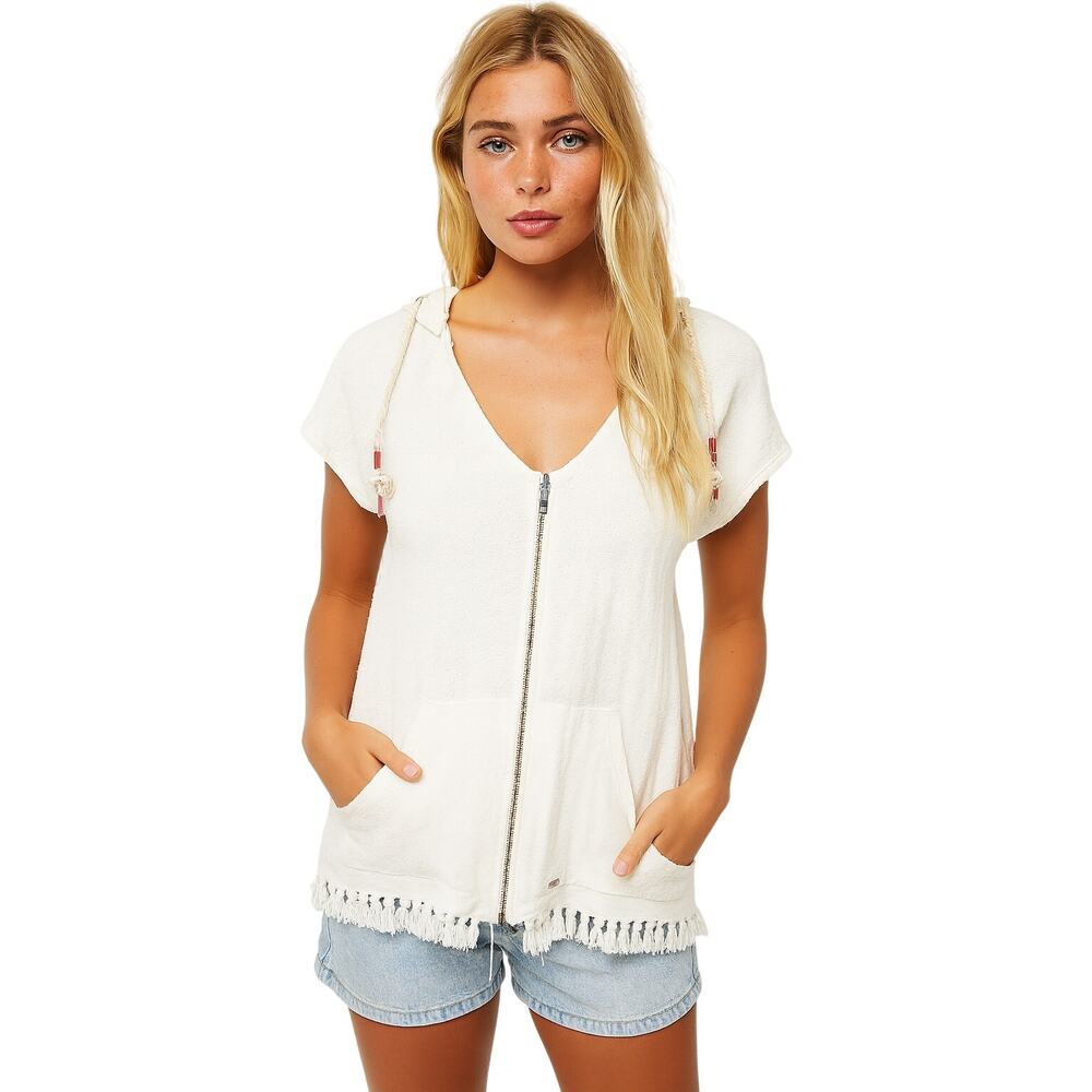 Roxy White Fringe Poncho Medium Hooded Zip Up